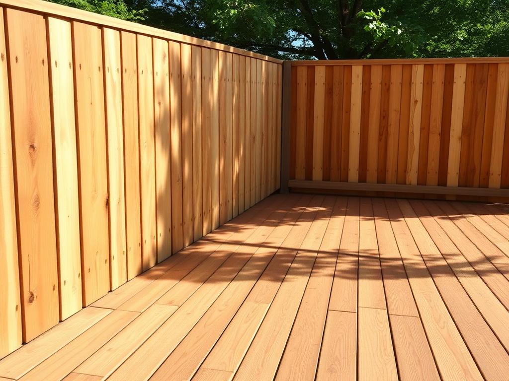 Wooden fence and deck before and after cleaning — after