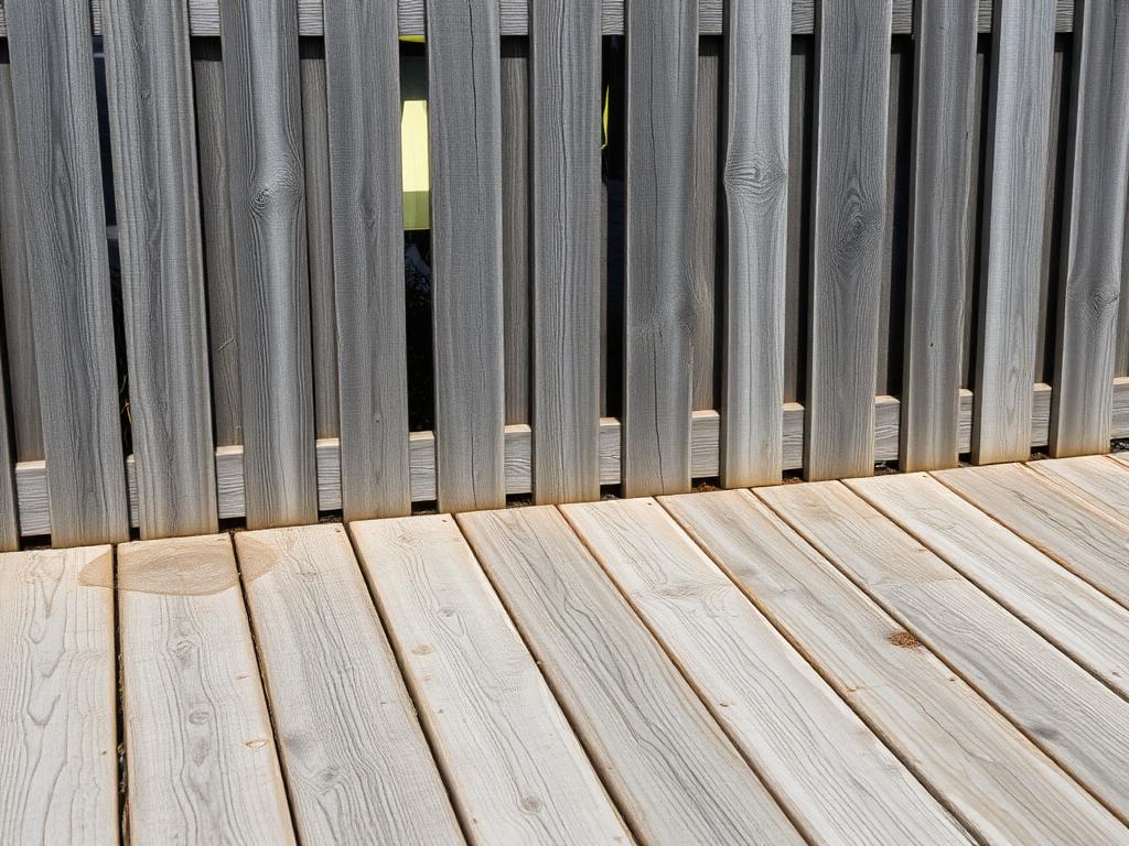 Wooden fence and deck before and after cleaning — before