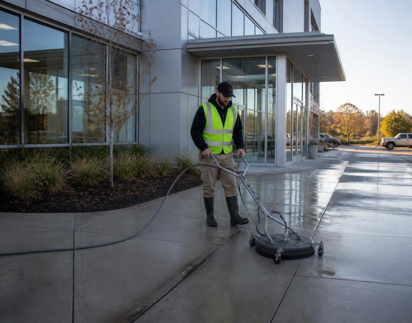 Technician cleaning the sidewalk outside a commercial building with a surface cleaner