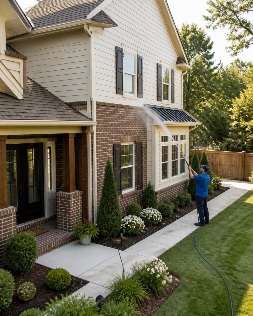 HydroClean NWA technician soft washing the siding of an attractive Northwest Arkansas home with controlled, professional technique