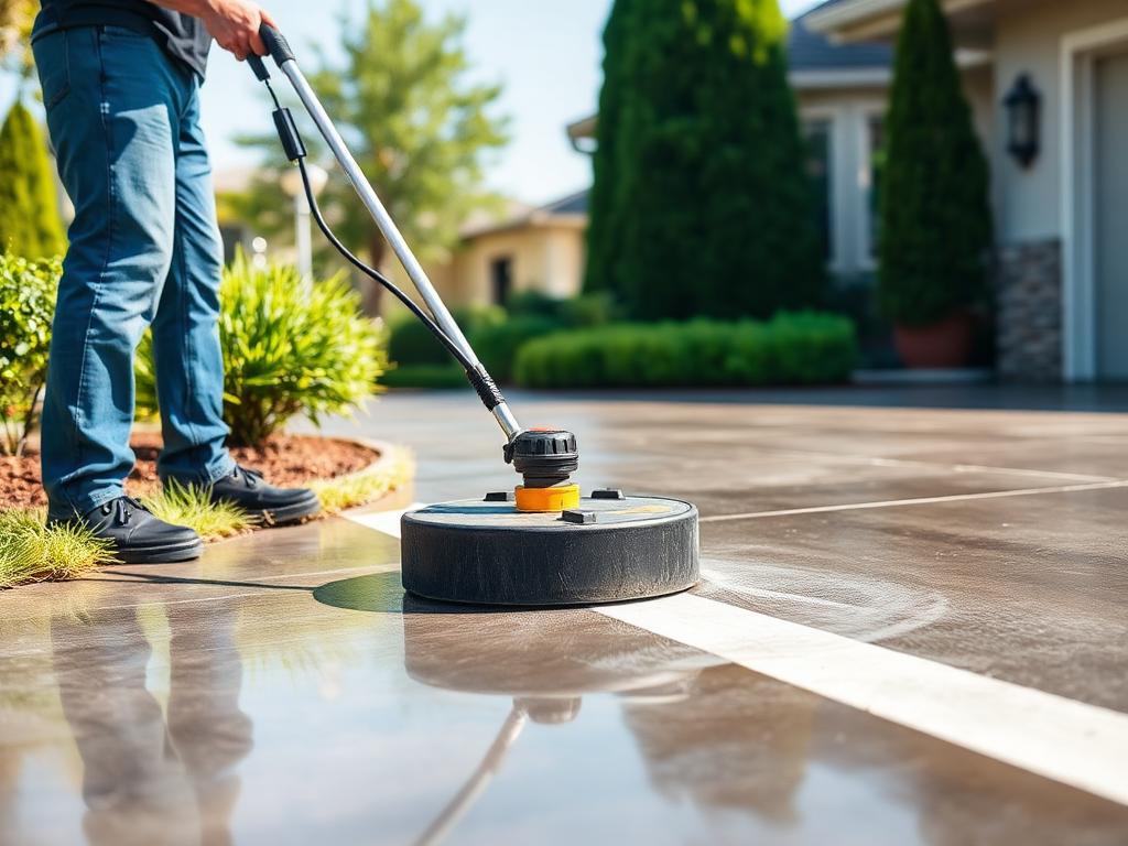 Surface cleaner brightening a residential concrete driveway