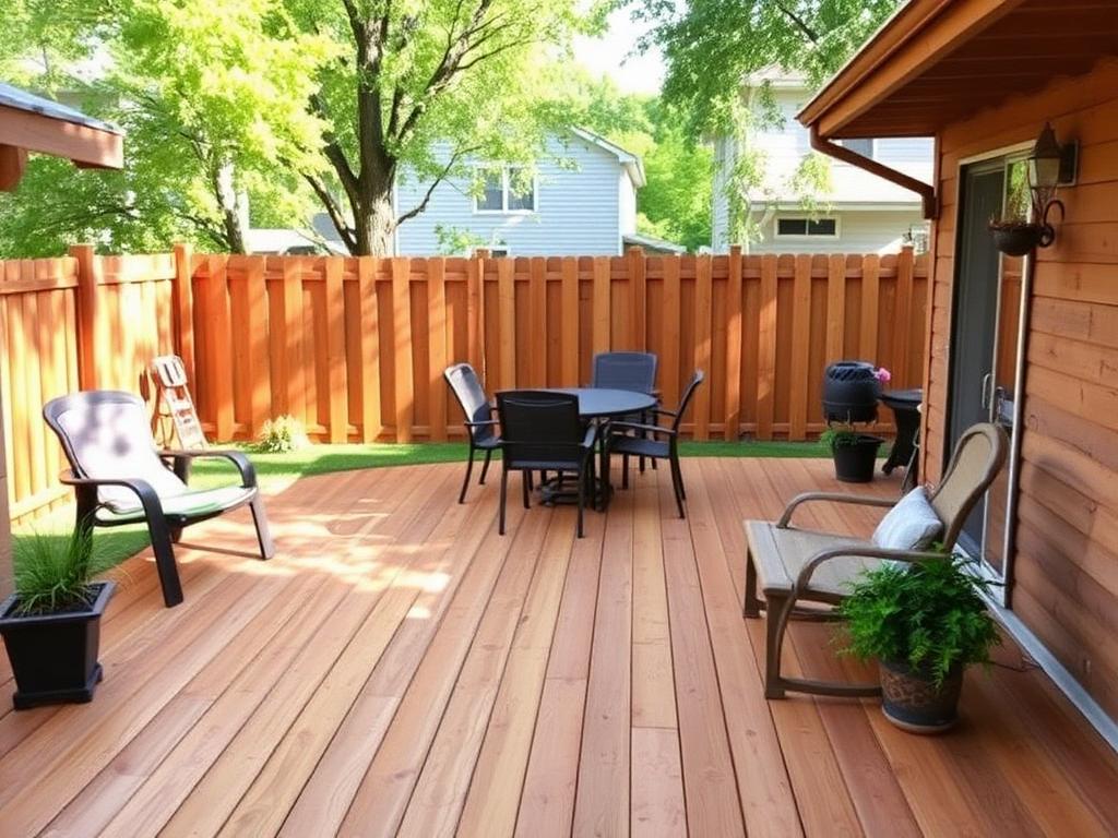 Freshly cleaned wooden backyard deck and fence