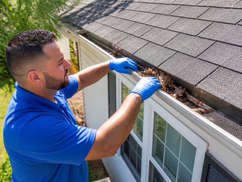 Technician cleaning exterior gutters on a residential home